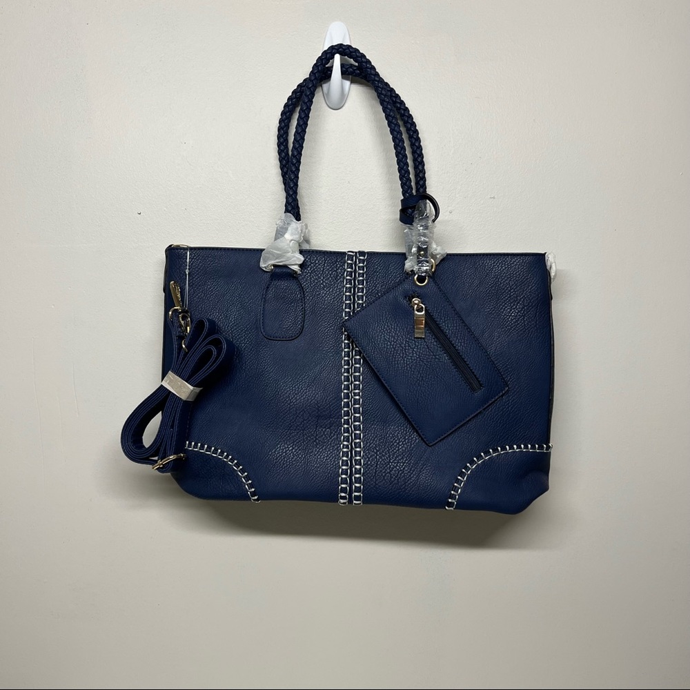 New XL Royal Blue Faux Leather Tote Bag With White Stitching and Braided handle